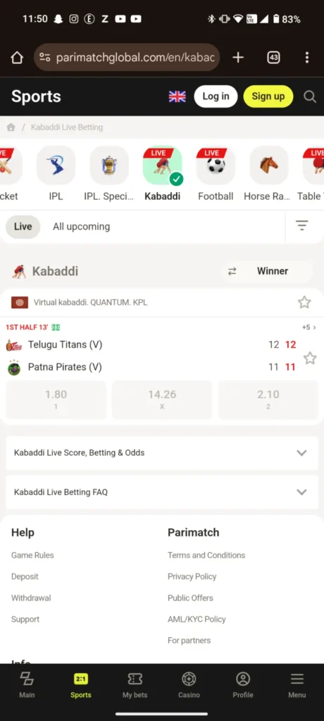 Parimatch Kabaddi Sports Betting