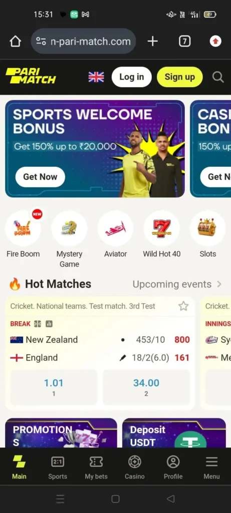Parimatch APK Casino Games Main Page