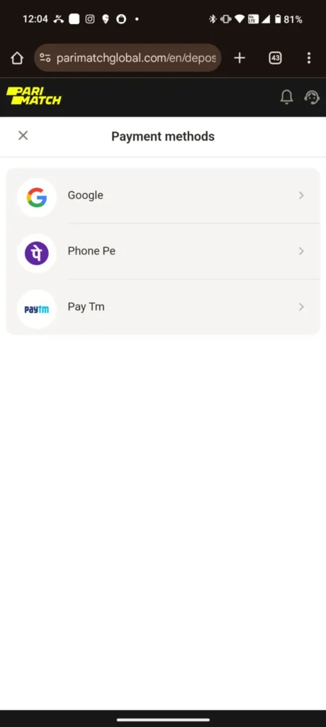 Parimatch Payment Methods Page