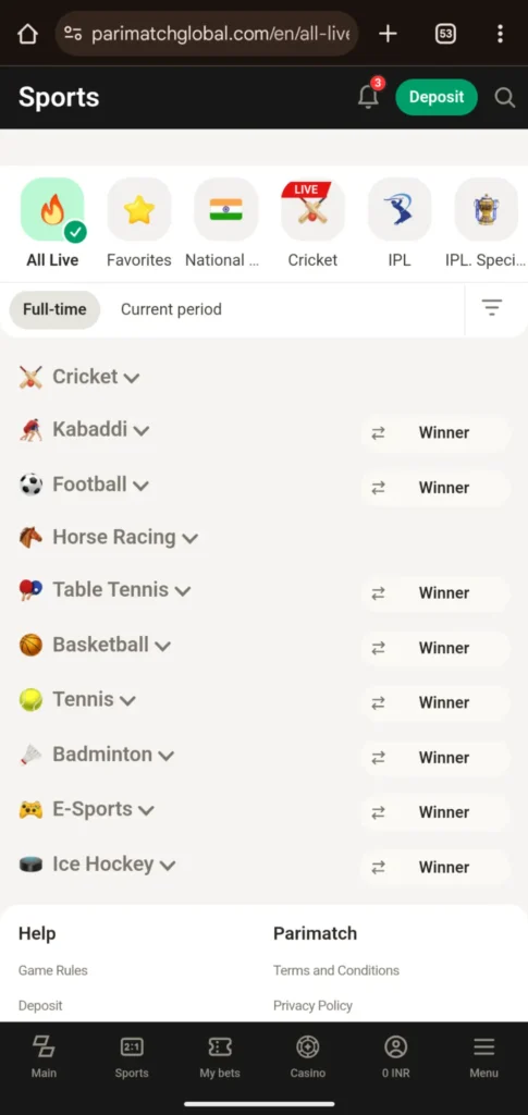 Parimatch Sports Live Betting Line