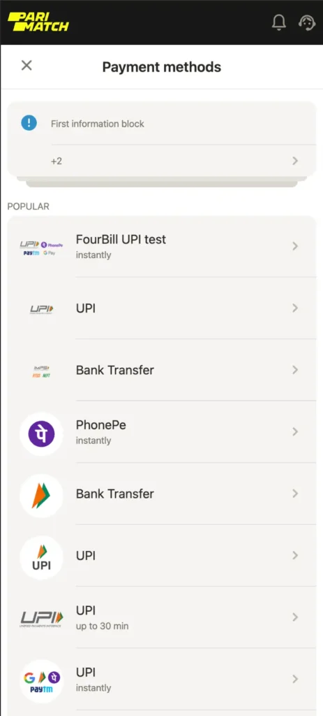 Parimatch Payment Methods page