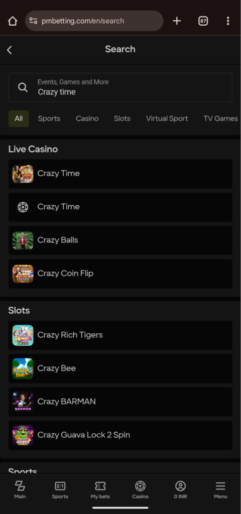 Parimatch Crazy Time Casino Search 