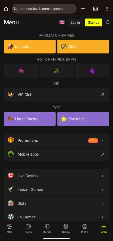 Parimatch Games App Menu