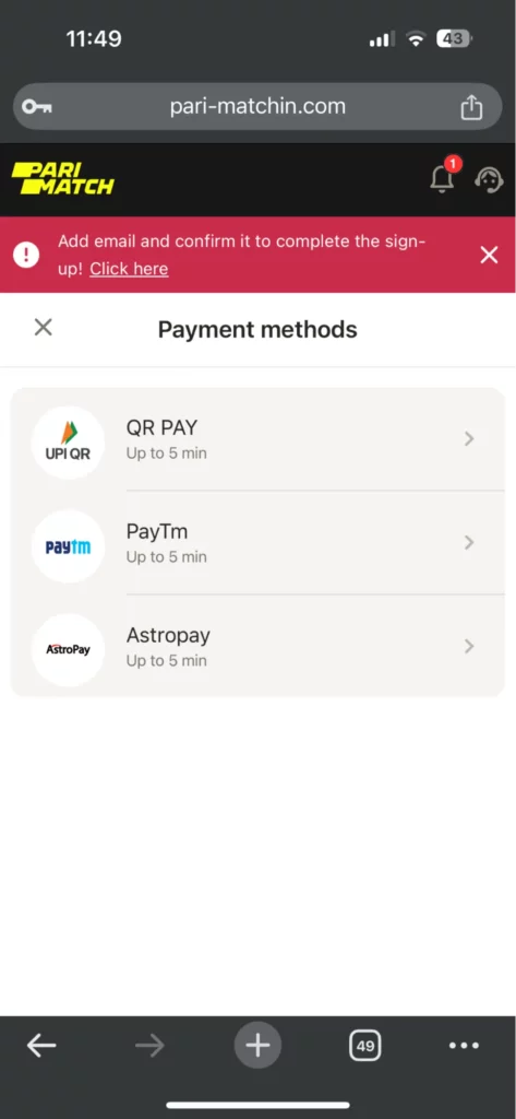 Parimatch ios payment methods