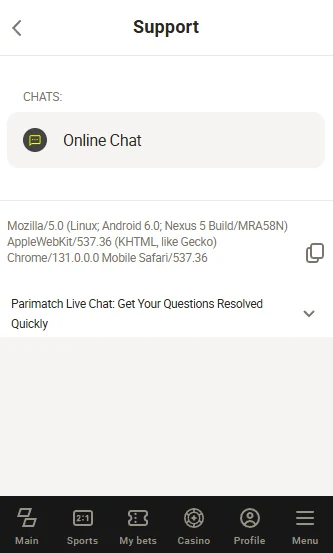 Parimatch ios online chat support