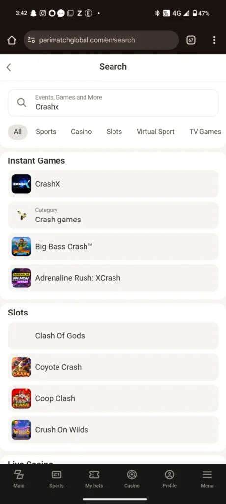 Search Crash X on Parimatch