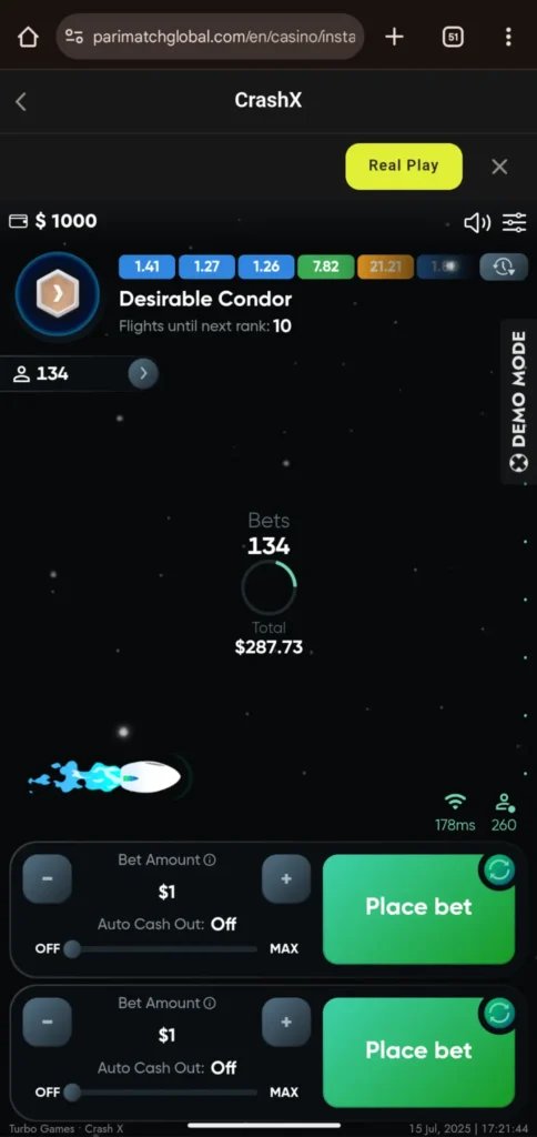 CrashX Betting for Money on Parimatch
