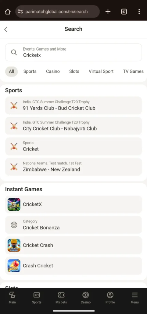 Search On Parimatch for CricketX