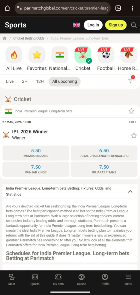 IPL Long Term Betting on Cricket Parimatch