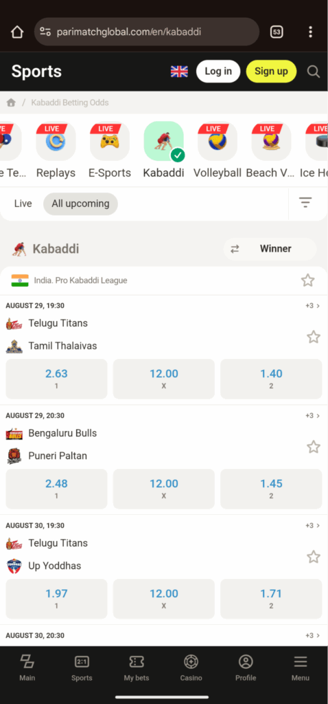 Bet on Kabaddi- Parimatch