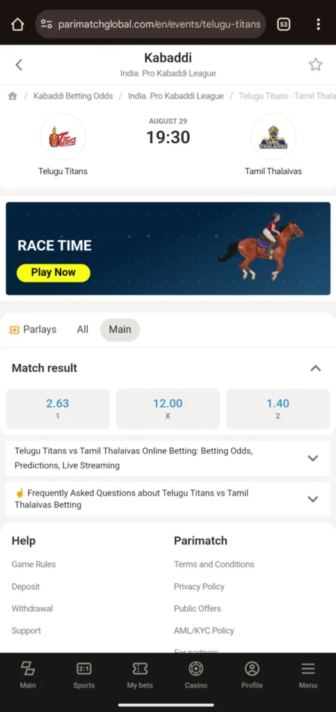 Telugu Titans Vs Tamil Thalivas Parimatch Kabaddi Betting