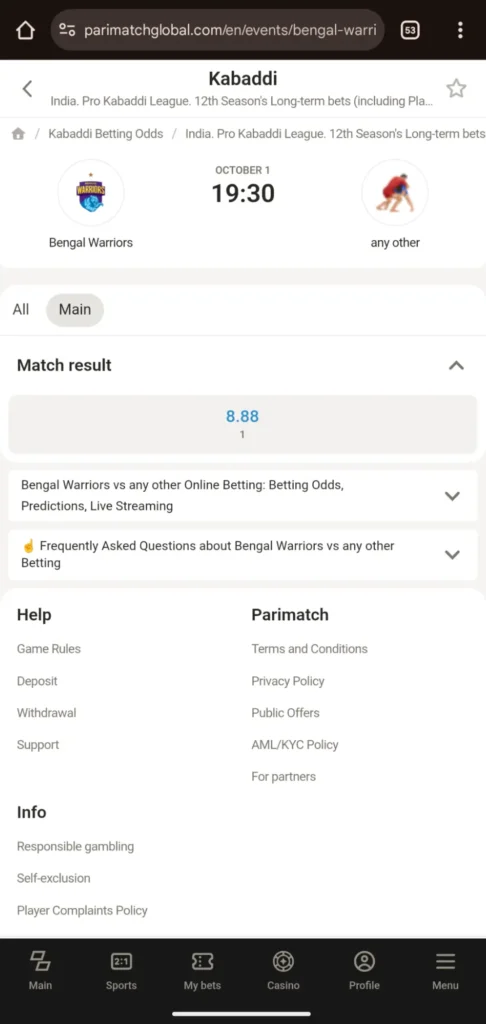 Bengal Warriors Matches Kabaddi Parimatch
