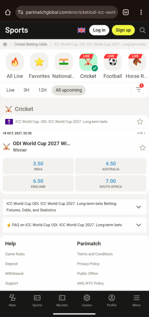 ODI ICC World Cup Betting on Parimatch