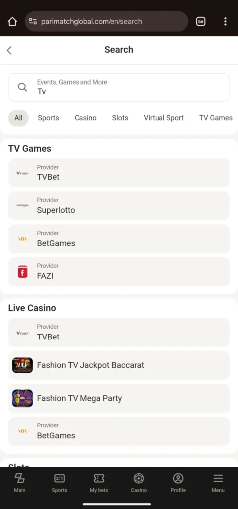 Parimatch TV Games Search