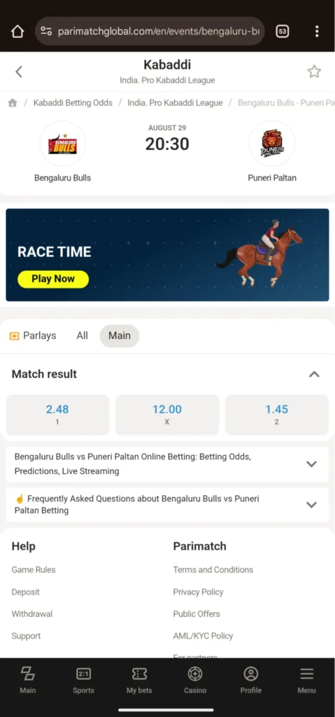 Bangalore Bulls VS Puneri Paltan Kabaddi Betting