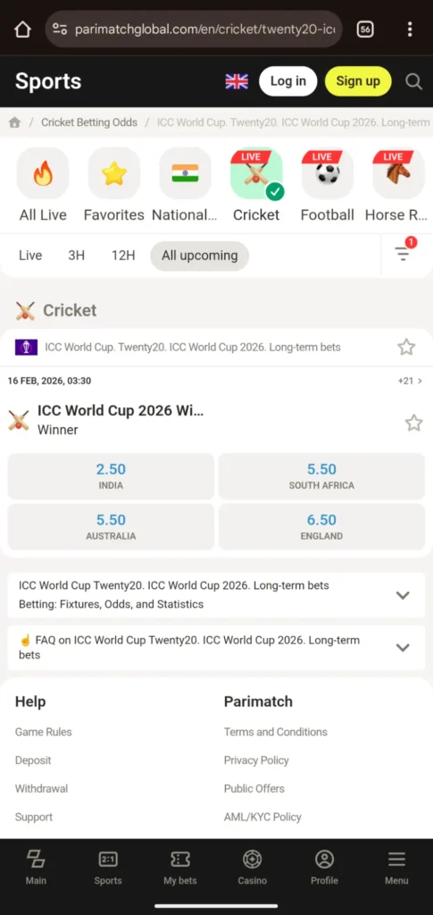 ICC World Cup Long Term Bets Parimatch