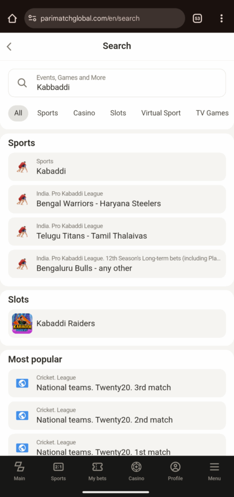 Kabaddi Search for Parimatch Betting